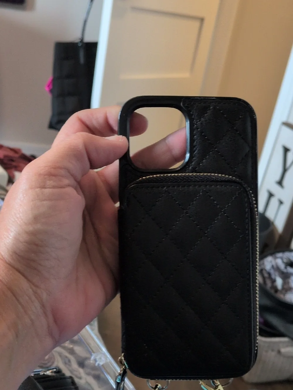 Quilted Black Zipper Phone Case with Card Pocket - Compatible Cell Accessory